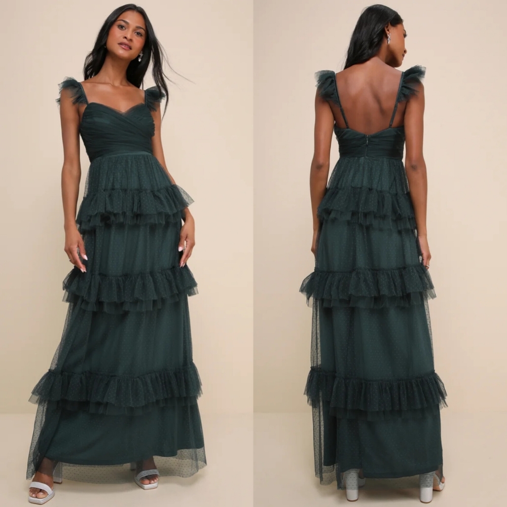 Lulu's Forest Green Tiered Tulle Maxi Dress